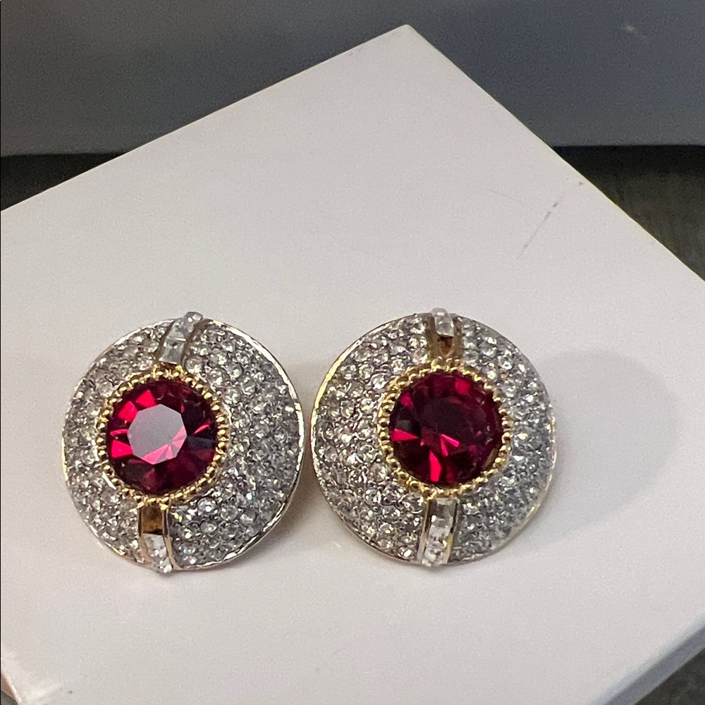 St. John Gold and Red Crystal Clip-on Earrings